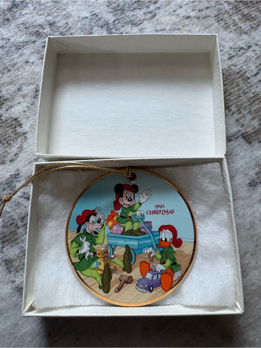 VTG 1993 Mickey Mouse Santas Workshop Disney Grolier Porcelain Disk Ornament